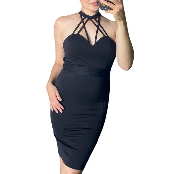 Windsor M Black Strappy Sweetheart High Halter Neck Racerback Bodycon Mini Dress - Picture 1 of 8